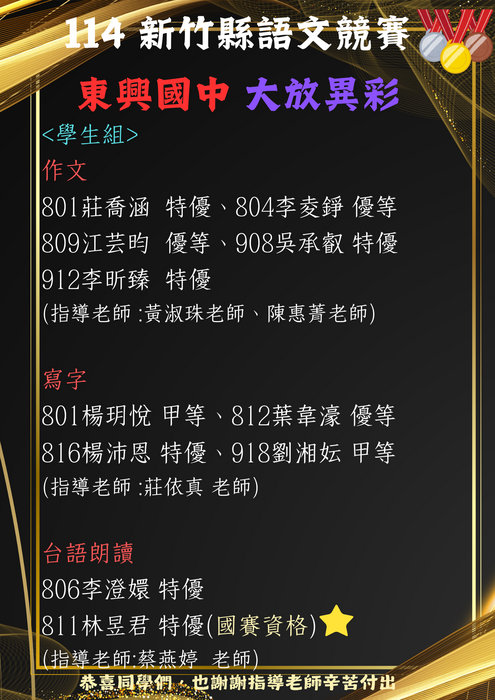 本校師生參加114年新竹縣語文競賽 成績亮眼!  共25位學生、7位老師獲獎,4位代表新竹縣參加國賽。02圖片