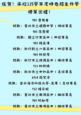 【學務處】公告：本校九年級畢業生體育班及運動績優放榜榜單，恭喜以上同學圖片