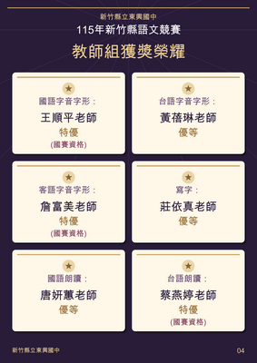 （四）本校師生參加【115年新竹縣語文競賽】成績表現亮眼！ 共34位同學、6位教師獲獎，其中5位將代表本縣參加115年全國語文競賽。圖片