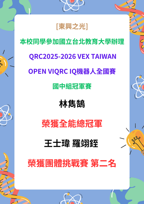 [東興之光] 本校同學參加國立台北教育大學辦理 QRC2025-2026 VEX TAIWAN OPEN VIQRC IQ機器人全國賽 國中組冠軍賽表現優異  林雋鵠 榮獲全能總冠軍  王士瑋 羅翊銍  榮獲團體挑戰賽 第二名圖片